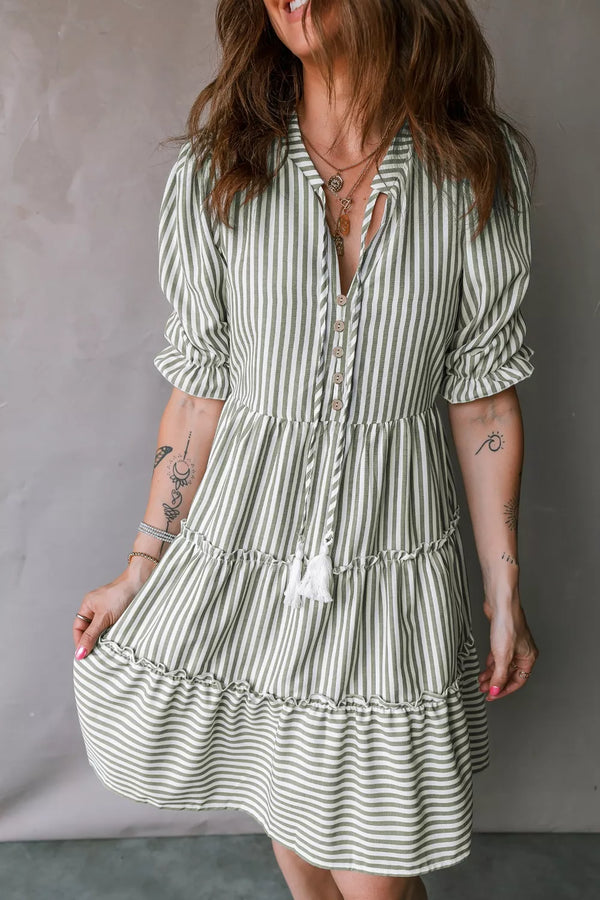 stripe-tasseled-tie-neck-ruffled-short-sleeve-tiered-flattering-dress-OhSoStyled-Sophia's-Style-1