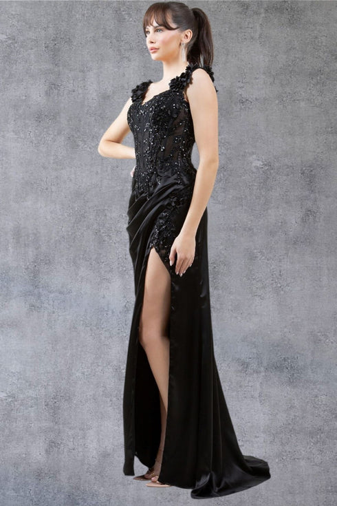 Womens Satin Evening Gown with Beaded Bodice and High Slit – Formal Dress for Gala, Prom, or Wedding 4/XS-16/3X