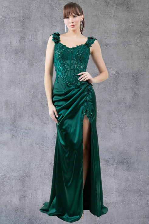 Womens Satin Evening Gown with Beaded Bodice and High Slit – Formal Dress for Gala, Prom, or Wedding 4/XS-16/3X