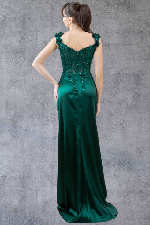 Womens Satin Evening Gown with Beaded Bodice and High Slit – Formal Dress for Gala, Prom, or Wedding 4/XS-16/3X