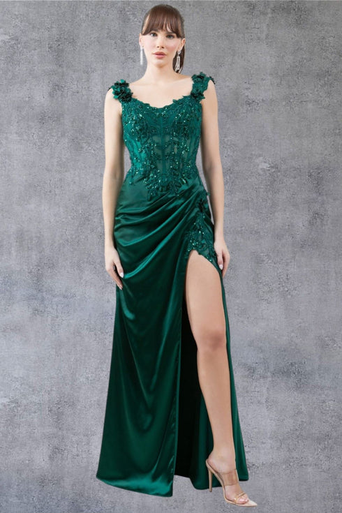 Womens Satin Evening Gown with Beaded Bodice and High Slit – Formal Dress for Gala, Prom, or Wedding 4/XS-16/3X