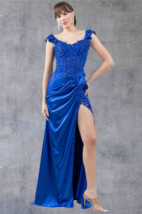 Womens Satin Evening Gown with Beaded Bodice and High Slit – Formal Dress for Gala, Prom, or Wedding 4/XS-16/3X