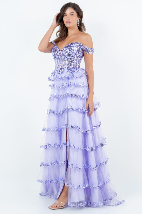 Womens Sequin Tiered Tulle Evening Gown, Sizes XS-3XL