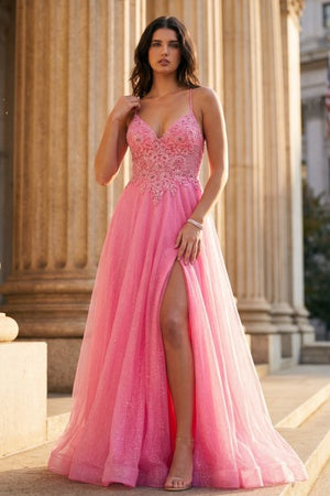 Womens Glitter Tulle A-Line Gown with Lace Bodice & High Slit 4/XS-16/3X