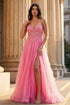 Womens Glitter Tulle A-Line Gown with Lace Bodice & High Slit 4/XS-16/3X