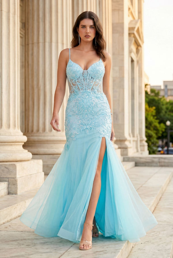Womens Beaded Tulle Formal Gown with Lace Bodice 4/XS-16/3X