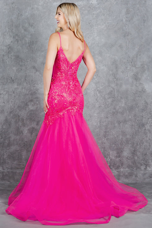 Womens Beaded Tulle Formal Gown with Lace Bodice 4/XS-16/3X