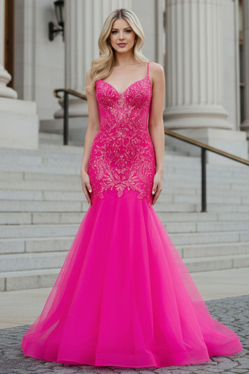 Womens Beaded Tulle Formal Gown with Lace Bodice 4/XS-16/3X