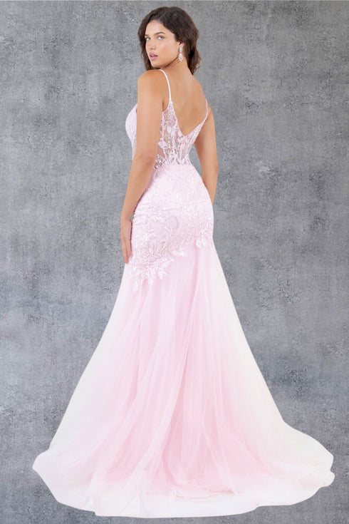 Womens Beaded Tulle Formal Gown with Lace Bodice 4/XS-16/3X