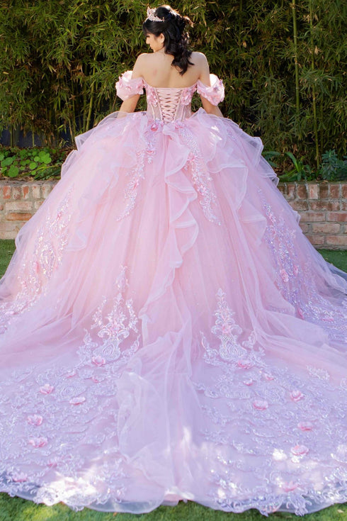 3D Floral Quinceañera Gown with Butterfly Details and Royal Train for Women 4/XS-16/3X