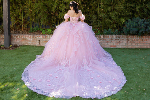 3D Floral Quinceañera Gown with Butterfly Details and Royal Train for Women 4/XS-16/3X