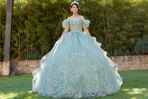 3D Floral Quinceañera Gown with Butterfly Details and Royal Train for Women 4/XS-16/3X