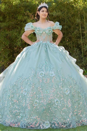 3D Floral Quinceañera Gown with Butterfly Details and Royal Train for Women 4/XS-16/3X