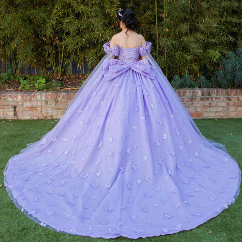 Women's Princess Butterfly Ball Gown – Off-Shoulder Tulle Quinceañera Dress with Beaded Corset and Sheer Sleeve 4/XS-16/3X