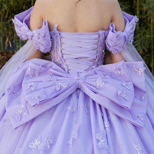 Women's Princess Butterfly Ball Gown – Off-Shoulder Tulle Quinceañera Dress with Beaded Corset and Sheer Sleeve 4/XS-16/3X