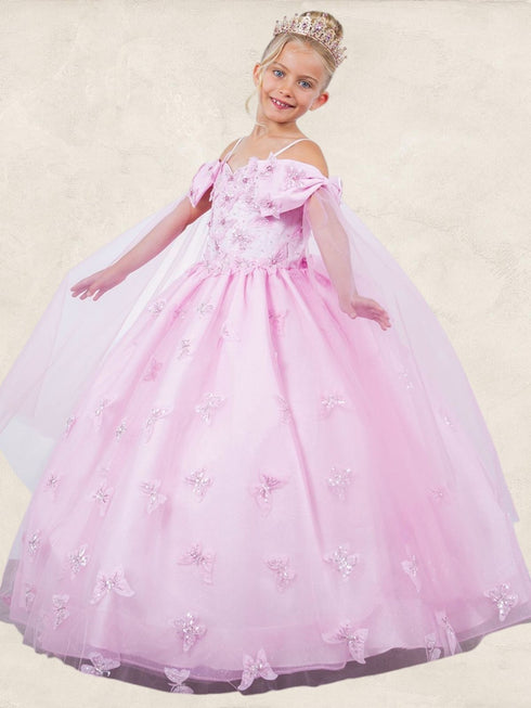 Princess Butterfly Ball Gown for Girls – Sparkling Tulle Off-Shoulder Dress with Sheer Sleeves 2-16