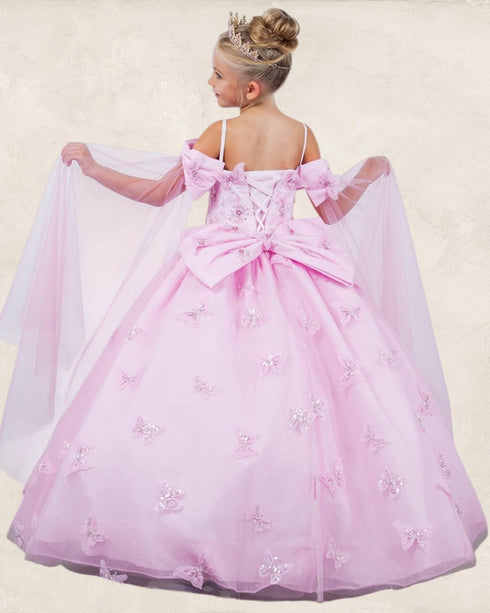 Princess Butterfly Ball Gown for Girls – Sparkling Tulle Off-Shoulder Dress with Sheer Sleeves 2-16