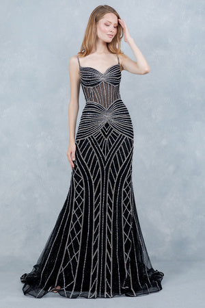Womens Black Art Deco Beaded Mermaid Gown – Strapless Illusion Corset Prom & Formal Dress XS4-3XL14