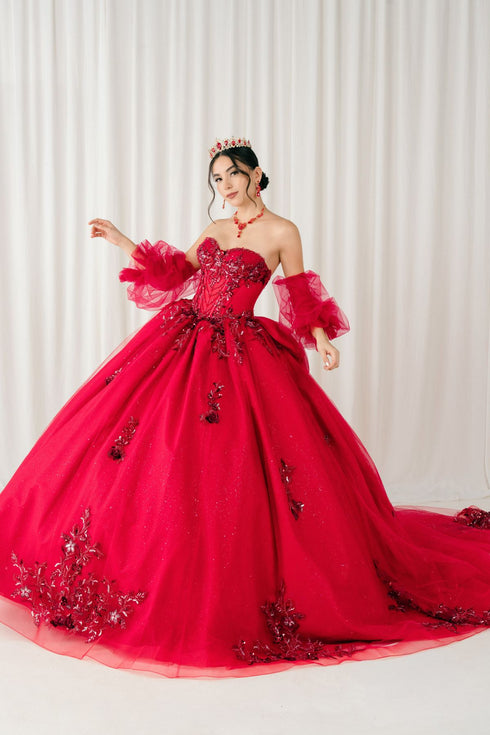Womens Quinceañera Ball Gown with Beaded Corset, Off-Shoulder Tulle Sleeves & Glitter Skirt 4/XS-16/3X