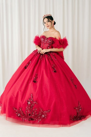 Womens Quinceañera Ball Gown with Beaded Corset, Off-Shoulder Tulle Sleeves & Glitter Skirt 4/XS-16/3X