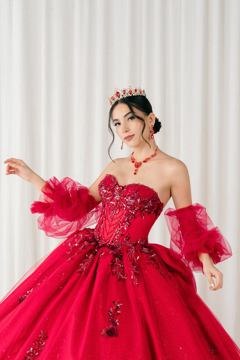 Womens Quinceañera Ball Gown with Beaded Corset, Off-Shoulder Tulle Sleeves & Glitter Skirt 4/XS-16/3X