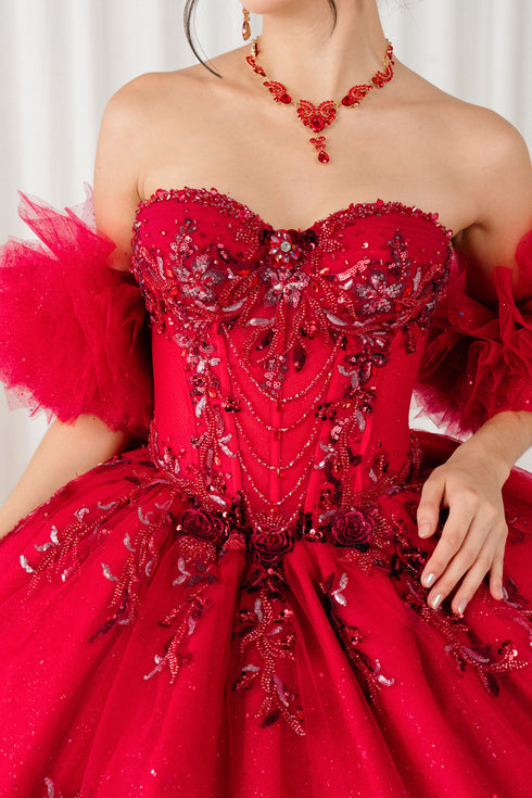 Womens Quinceañera Ball Gown with Beaded Corset, Off-Shoulder Tulle Sleeves & Glitter Skirt 4/XS-16/3X