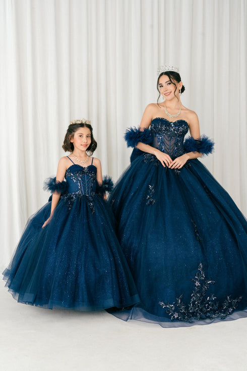 Womens Quinceañera Ball Gown with Beaded Corset, Off-Shoulder Tulle Sleeves & Glitter Skirt 4/XS-16/3X