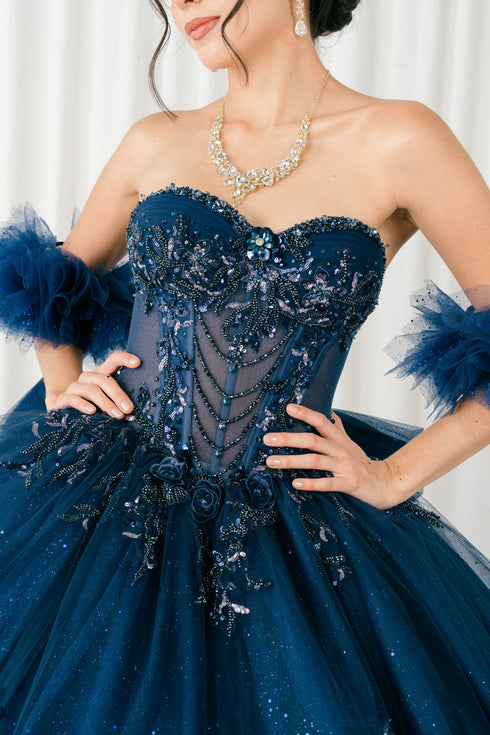 Womens Quinceañera Ball Gown with Beaded Corset, Off-Shoulder Tulle Sleeves & Glitter Skirt 4/XS-16/3X
