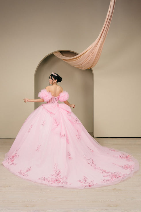 Womens Quinceañera Ball Gown with Beaded Corset, Off-Shoulder Tulle Sleeves & Glitter Skirt 4/XS-16/3X