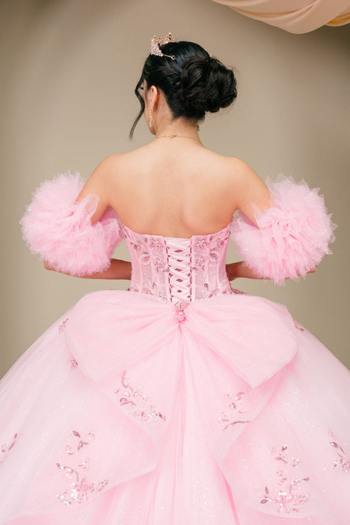 Womens Quinceañera Ball Gown with Beaded Corset, Off-Shoulder Tulle Sleeves & Glitter Skirt 4/XS-16/3X