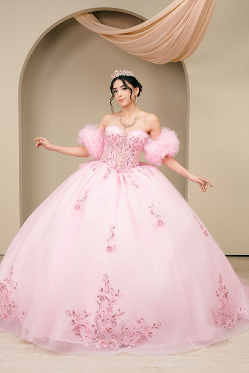 Womens Quinceañera Ball Gown with Beaded Corset, Off-Shoulder Tulle Sleeves & Glitter Skirt 4/XS-16/3X