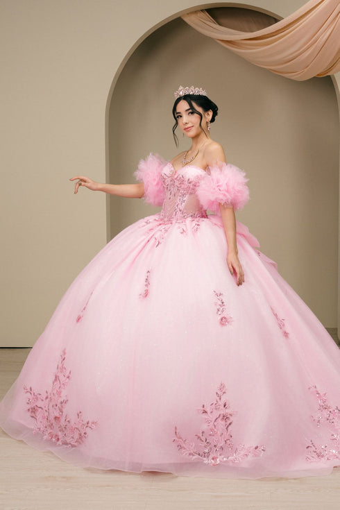 Womens Quinceañera Ball Gown with Beaded Corset, Off-Shoulder Tulle Sleeves & Glitter Skirt 4/XS-16/3X