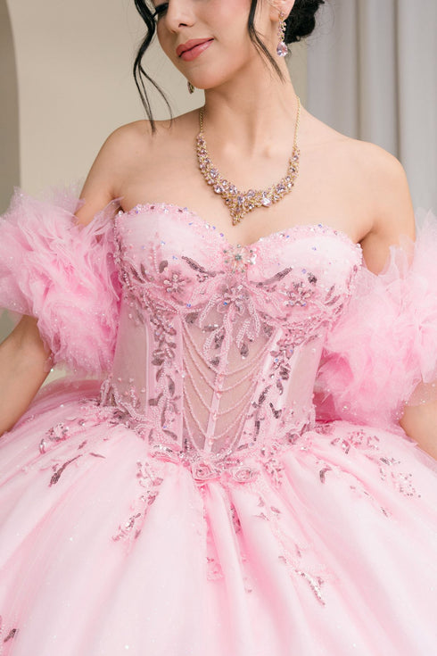 Womens Quinceañera Ball Gown with Beaded Corset, Off-Shoulder Tulle Sleeves & Glitter Skirt 4/XS-16/3X