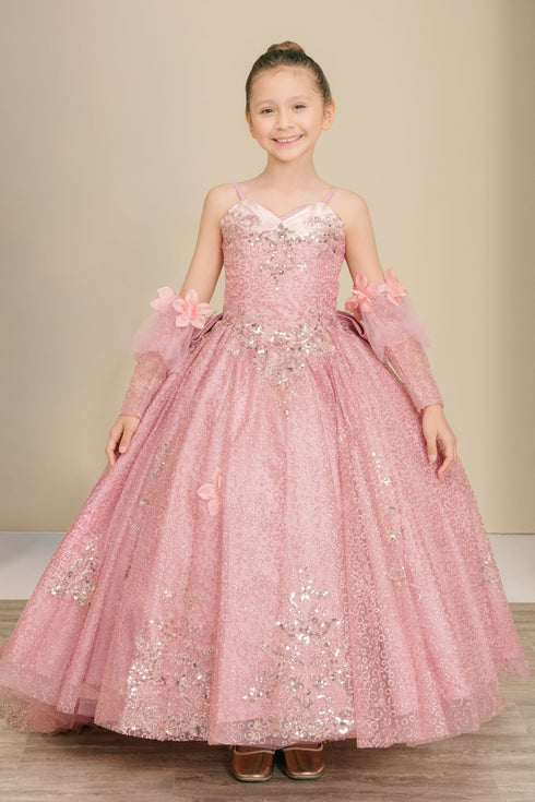 Girls Princess Ball Gown for Girls – Sparkle Flower Appliqué Formal Dress 2-16