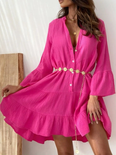 button-detail-notched-long-sleeve-dress OhSoStyled - Sophia's Style in White-9