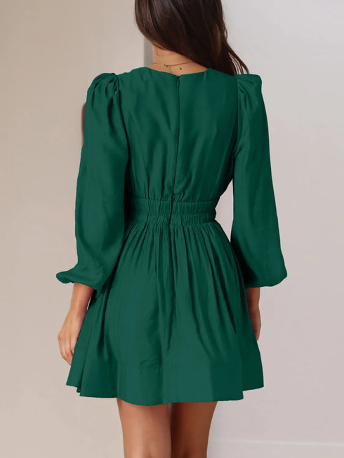 ruched-v-neck-balloon-sleeve-mini-dress OhSoStyled - Sophia's Style in Black-18