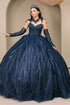 Womens Navy Blue Beaded Corset Quinceañera Ball Gown with Cape & Gloves 4/XS-16/3X