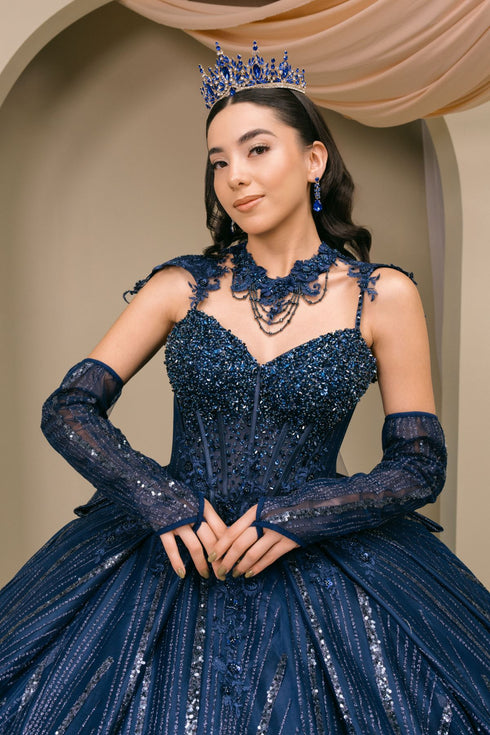 Womens Navy Blue Beaded Corset Quinceañera Ball Gown with Cape & Gloves 4/XS-16/3X