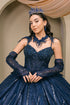 Womens Navy Blue Beaded Corset Quinceañera Ball Gown with Cape & Gloves 4/XS-16/3X