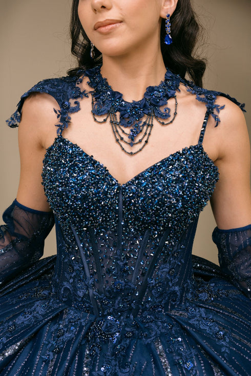 Womens Navy Blue Beaded Corset Quinceañera Ball Gown with Cape & Gloves 4/XS-16/3X