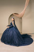 Womens Navy Blue Beaded Corset Quinceañera Ball Gown with Cape & Gloves 4/XS-16/3X