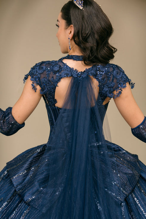 Womens Navy Blue Beaded Corset Quinceañera Ball Gown with Cape & Gloves 4/XS-16/3X