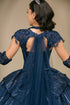 Womens Navy Blue Beaded Corset Quinceañera Ball Gown with Cape & Gloves 4/XS-16/3X