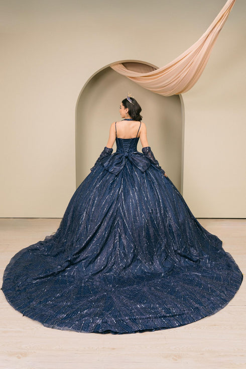 Womens Navy Blue Beaded Corset Quinceañera Ball Gown with Cape & Gloves 4/XS-16/3X