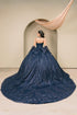 Womens Navy Blue Beaded Corset Quinceañera Ball Gown with Cape & Gloves 4/XS-16/3X