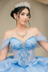 Womens Blue Beaded Off-Shoulder Quinceañera Ball Gown with Train 4/XS-16/3X