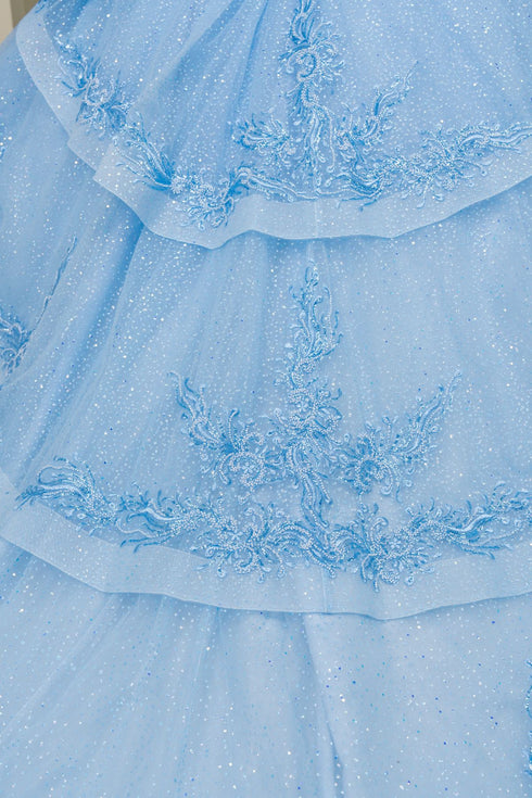 Womens Blue Beaded Off-Shoulder Quinceañera Ball Gown with Train 4/XS-16/3X