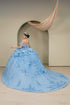 Womens Blue Beaded Off-Shoulder Quinceañera Ball Gown with Train 4/XS-16/3X