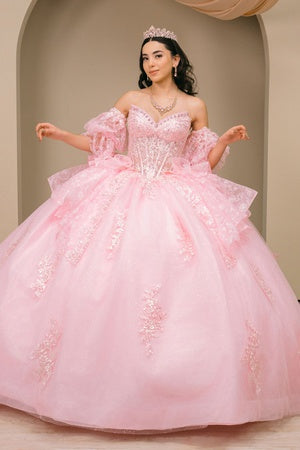 Women's Pink 3D Floral Sequin Off-Shoulder Quinceañera Ball Gown 4/XS-16/3X