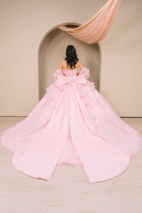 Women's Pink 3D Floral Sequin Off-Shoulder Quinceañera Ball Gown 4/XS-16/3X
